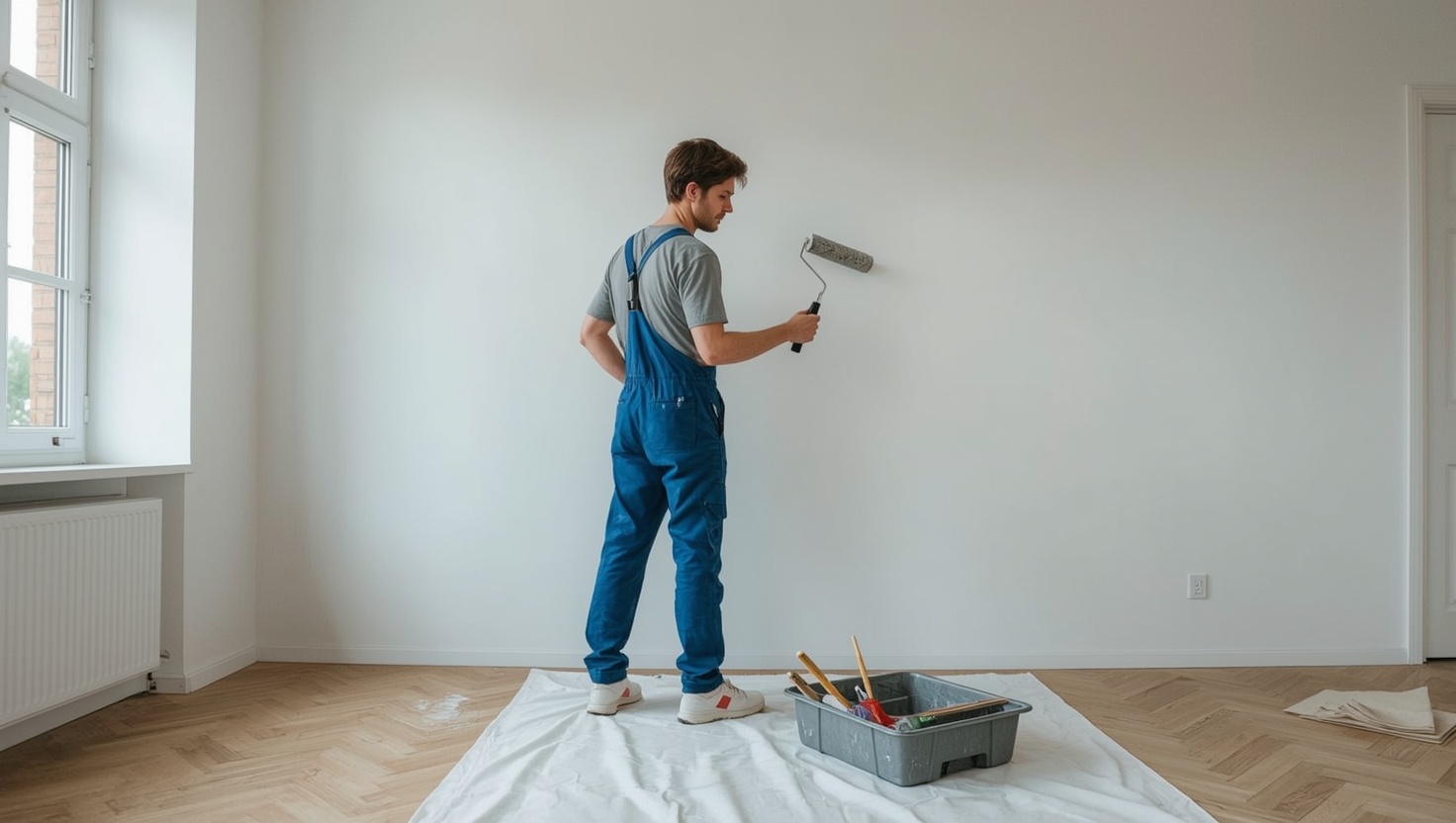 Deutscher Maler bei der Arbeit in einer hellen Altbauwohnung mit Fischgrätparkett